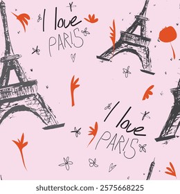 Abstract seamless vector Paris pattern. Eigel tower repeats print for fashion textile, clothes, wrapping paper. Flowers, cute vector pattern.