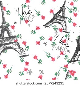 Abstract seamless vector Paris pattern. Eigel tower repeats print for fashion textile, clothes, wrapping paper. Flowers, cute vector pattern.