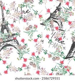 Abstract seamless vector Paris pattern. Eigel tower repeats print for fashion textile, clothes, wrapping paper. Flowers, cute vector pattern.