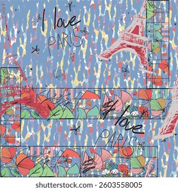 Abstract seamless vector Paris pattern. Eigel tower repeats print for fashion textile, clothes, wrapping paper. Flowers, cute vector pattern. 