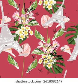 Abstract seamless vector Paris pattern. Eigel tower repeats print for fashion textile, clothes, wrapping paper. Flowers, cute vector pattern.