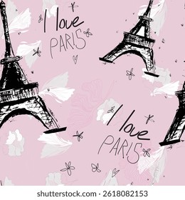 Abstract seamless vector Paris pattern. Eigel tower repeats print for fashion textile, clothes, wrapping paper. Flowers, cute vector pattern.