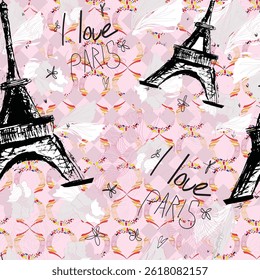 Abstract seamless vector Paris pattern. Eigel tower repeats print for fashion textile, clothes, wrapping paper. Flowers, cute vector pattern.