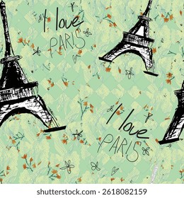 Abstract seamless vector Paris pattern. Eigel tower repeats print for fashion textile, clothes, wrapping paper. Flowers, cute vector pattern.