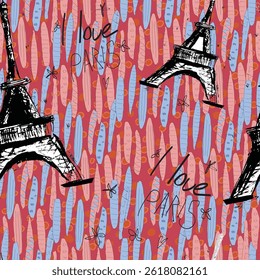 Abstract seamless vector Paris pattern. Eigel tower repeats print for fashion textile, clothes, wrapping paper. Flowers, cute vector pattern.