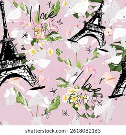 Abstract seamless vector Paris pattern. Eigel tower repeats print for fashion textile, clothes, wrapping paper. Flowers, cute vector pattern.