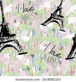 Abstract seamless vector Paris pattern. Eigel tower repeats print for fashion textile, clothes, wrapping paper. Flowers, cute vector pattern.