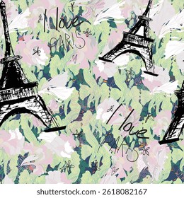 Abstract seamless vector Paris pattern. Eigel tower repeats print for fashion textile, clothes, wrapping paper. Flowers, cute vector pattern.