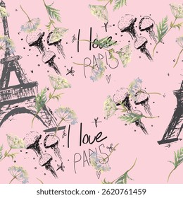 Abstract seamless vector Paris pattern. Eigel tower repeats print for fashion textile, clothes, wrapping paper. Flowers, cute vector pattern.