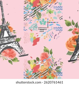 Abstrato vetor sem emenda padrão de Paris. Eigel torre repete impressão para moda têxtil, roupas, papel de embrulho. Flores, bonito padrão vetorial.