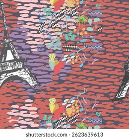 Abstract seamless vector Paris pattern. Eigel tower repeats print for fashion textile, clothes, wrapping paper. Flowers, cute vector pattern.
