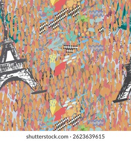 Abstract seamless vector Paris pattern. Eigel tower repeats print for fashion textile, clothes, wrapping paper. Flowers, cute vector pattern.