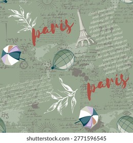 Abstract seamless vector Paris pattern. Eigel tower repeats print for fashion textile, clothes, wrapping paper. Flowers, cute vector pattern