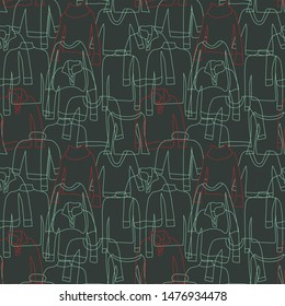 Abstract seamless vector pattern background. Assortment of hand drawn winter jumper outlines on dark green. Great for scrapbook, invitations, posters, flyers, winter sale marketing material. Vector