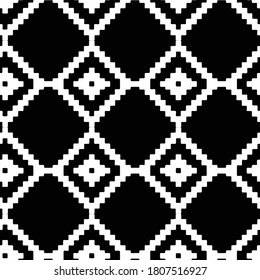Abstract seamless vector pattern with Black and white ikat rhombus shapes. Geometric repeating background monochrome. 
