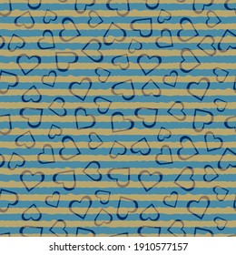 Abstract seamless vector pattern with blue hearts and gold stripes on blue background. Valentine romantic design for fabric, wrapping paper, gift paper and postcards.
