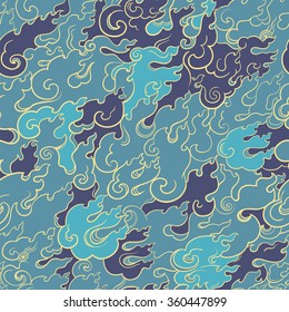 Abstract seamless vector pattern with blue fire. Asian style. Template for design