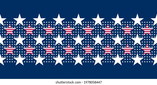 Abstract seamless vector pattern Border with big and small white five pointed stars and big stars with red stripes. Independence day background. 4th July abstract geometric pattern.