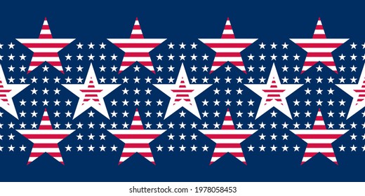 Abstract seamless vector pattern Border with small white five pointed stars and big stars with red stripes. Independence day background. Old glory red and blue colours. 