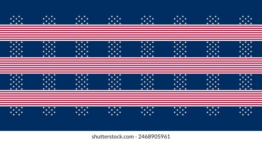 Abstract seamless vector pattern Border with stripes and little white five pointed stars on blue. Independence Day geometric background suitable for prints, decoration, wallpaper and fabrics.