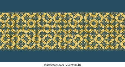 Abstract seamless vector pattern Border with gold and yellow daisy petals on blue background. Minimal concept great for summer vintage fabric, scrapbooking and gift-wrap. Surface pattern design.