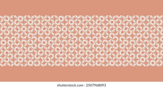 Abstract seamless vector pattern Border with white daisy petals on orange background. Minimal concept great for summer vintage fabric, scrapbooking and gift-wrap. Surface pattern design.