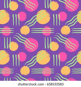 Abstract seamless vector pattern with brush drawn circles and lines. Bright colorful, multicolor hand drawn background. Round shapes, wavy lines texture. Rough, artistic edges.