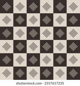 Abstract seamless vector pattern. Checkered color seamless geometric pattern with dotted rhombuses inside. Flat design style. Brown color. Vector pattern design for cloth, textile.