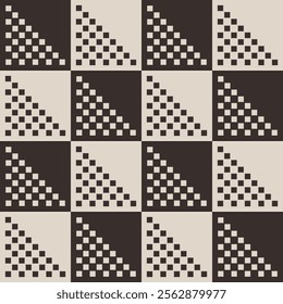 Abstract seamless vector pattern. Checkered color seamless geometric pattern with dotted triangles inside. Flat design style. Brown color. Vector pattern design for cloth, textile.