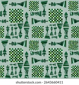 Abstract Seamless vector pattern in chess style with chess figures and chessboard for design, textile, fabric, surface textures, packaging, scrapbooking, chess school or chess club.