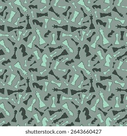 Abstract Seamless vector pattern in chess style with chess figures and chessboard for design, textile, fabric, surface textures, packaging, scrapbooking, chess school or chess club.