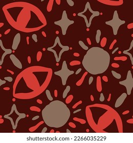 Abstract seamless vector pattern with circle, star. eye, dots and spots decorative elements. Hand drawn background in boho style for textile print, fabric design, wallpaper and digital paper, wrapping