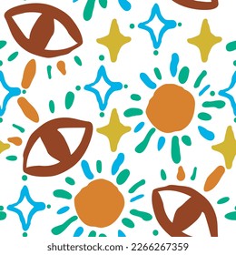 Abstract seamless vector pattern with circle, star. eye, dots and spots decorative elements. Hand drawn background in boho style for textile print, fabric design, wallpaper and digital paper, wrapping