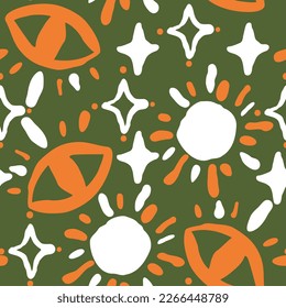 Abstract seamless vector pattern with circle, star. eye, dots and spots decorative elements. Hand drawn background in boho style for textile print, fabric design, wallpaper and digital paper, wrapping