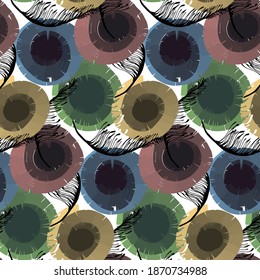 Abstract seamless vector pattern with circles, feather. Trending colors. Design for textiles, backgrounds, prints