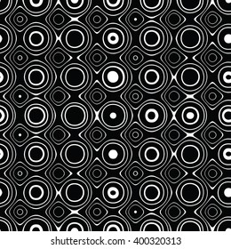Abstract seamless vector pattern of circles and rectangles with rounded corners; black and white.