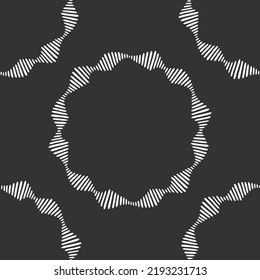 Abstract seamless vector pattern with circular geometric ornament, striped frames. Tribal pattern. Decorative pattern. White shapes, isolated on black background.