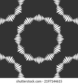 Abstract seamless vector pattern with circular geometric ornament, striped frames. Decorative pattern. White shapes, isolated on black background.