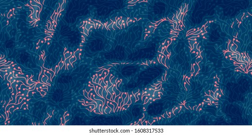 Abstract seamless vector pattern. Cloth, branches, berries. Background texture. Blue and red.