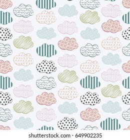 Abstract seamless vector pattern with clouds. Colorful stylized hand drawn cloudy sky texture on gray background