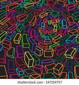 Abstract Seamless Vector Pattern with Colorful Rectangles on Black. Modern Art Zentangle Background