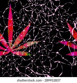 Abstract seamless vector pattern with colorful Marijuana leaves and scratches