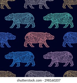 Abstract seamless vector pattern with colorful patterned hippo on a dark blue background going in different directions in a single line. vector hippopotamus.ethnic ornament, lace texture. 