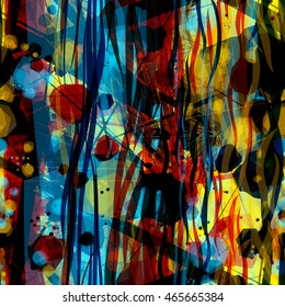 Abstract seamless vector pattern. Colorful background of the spots, thin straight lines and wavy strips.