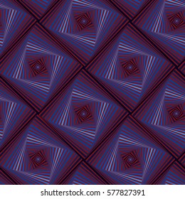 Abstract seamless vector pattern with concentric quadratic shapes forming whirling sequences in red and blue hues 