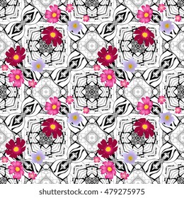 
Abstract seamless vector pattern with cosmos, verbena and potato flowers on geometric black and white background. Can be used for paper, wallpaper, print for fabric, packaging, web design.