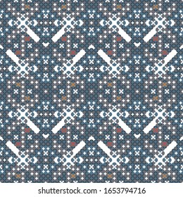 Abstract seamless vector pattern created of small circles and flowers in grey, blue, gold and red on a white background. 