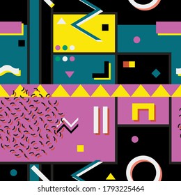 Abstract seamless vector pattern with creative geometric shapes. Vibrant trendy design. Fashion retro style 80-90s. Bright backgrond.