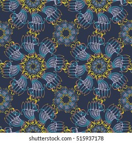 Abstract seamless vector pattern of curls lines, painted by hand, in the form of crochet
-bright, against a dark background