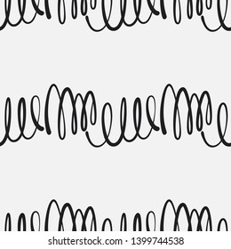 Abstract seamless vector pattern with curly lines in black and white. Decorative hand drawn helix texture for print, textile, packaging, wrapping, web. Isolated repetitive flat tile design.